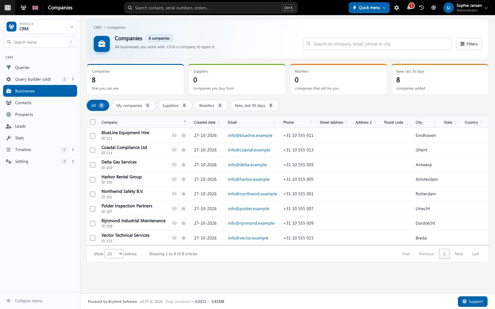 CRM CRM software: Brytend company list with demo customers, e-mail, phone and city