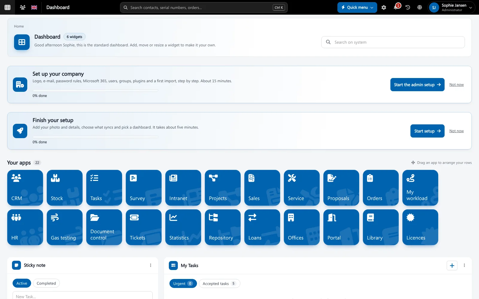 CRM Brytend home dashboard with the apps CRM, Stock, Tasks, Service and more