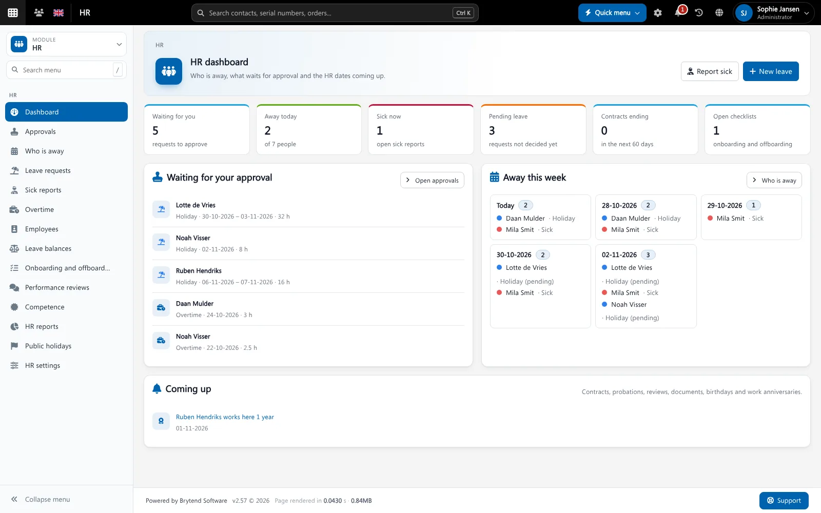 HR HR software: Brytend HR dashboard with approvals, who is away this week and coming up