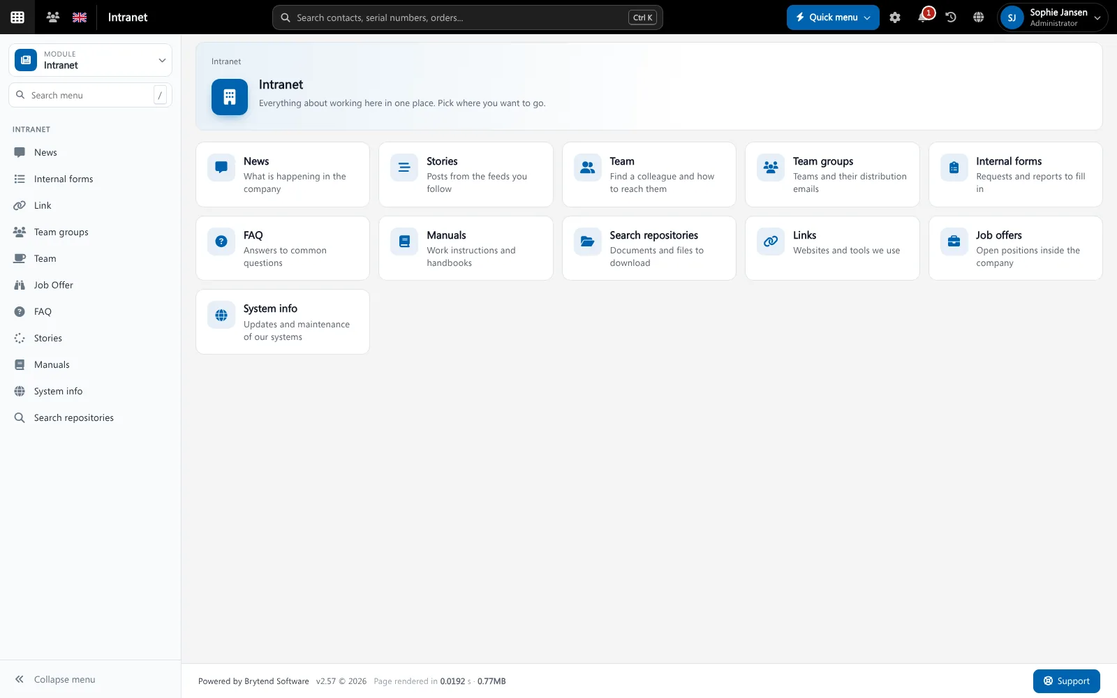 Intranet Intranet software: Brytend intranet with news, stories, team, team groups, forms, FAQ, manuals and links