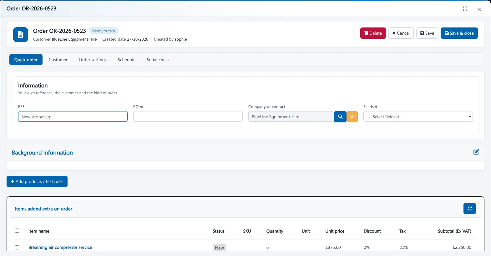 Sales: quote to invoice software Brytend order detail with status, customer and order lines