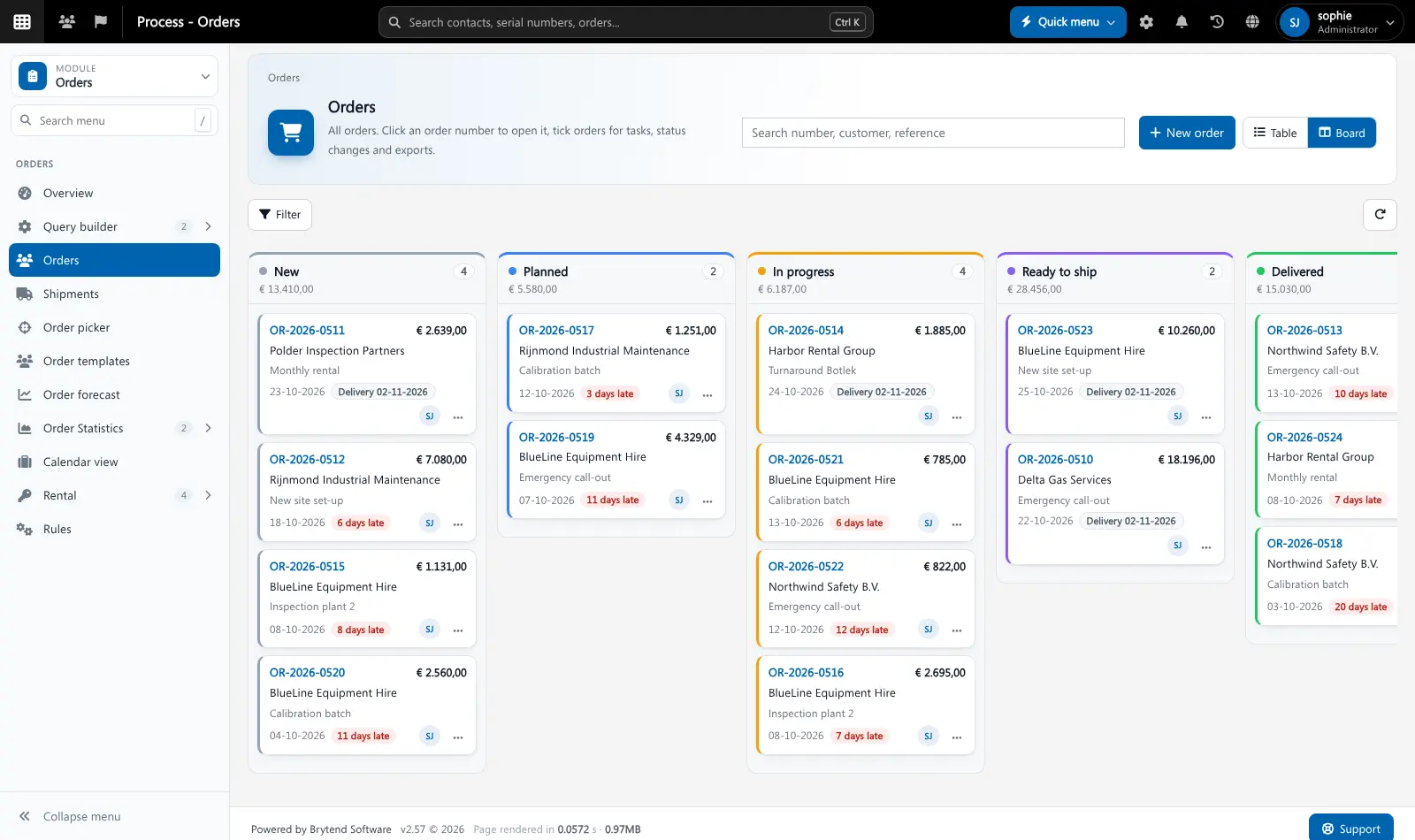 Sales: quote to invoice software Quote to invoice software: Brytend order board with work orders per status from new to delivered, with value, delivery date and late warnings