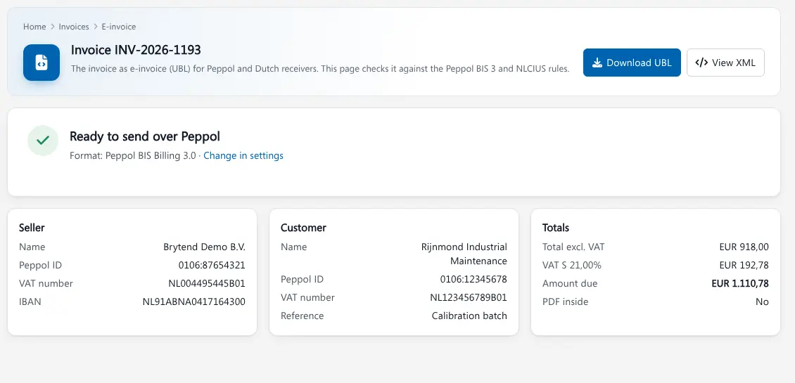 Invoicing software Brytend Peppol e-invoice check with seller and customer Peppol ID, VAT numbers and totals