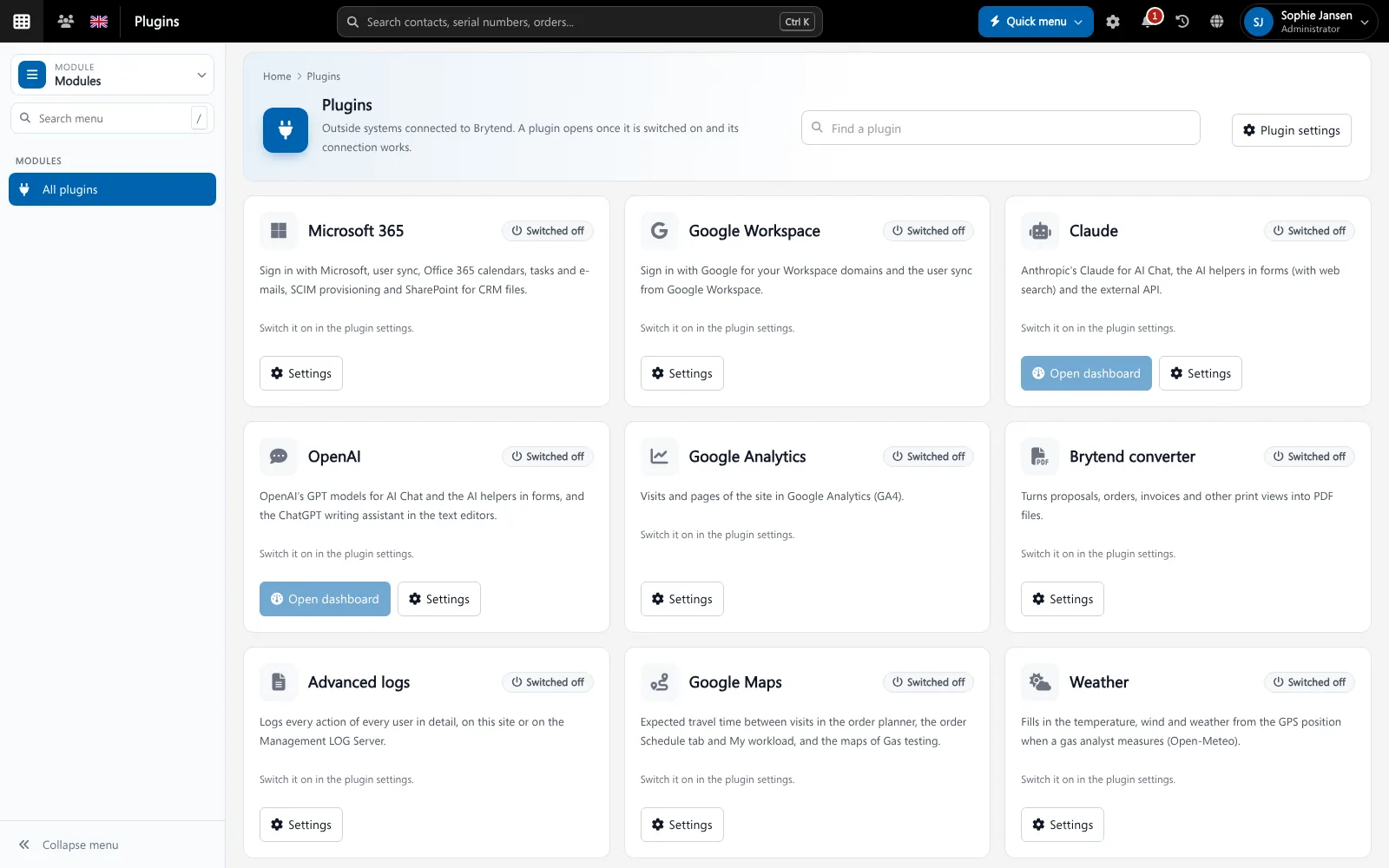 Integrations Brytend plugins page with Microsoft 365, Google Workspace, Claude, OpenAI, Google Analytics and more