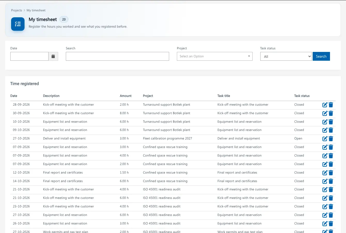 Project management software Brytend timesheet with hours registered per project and task, with task status