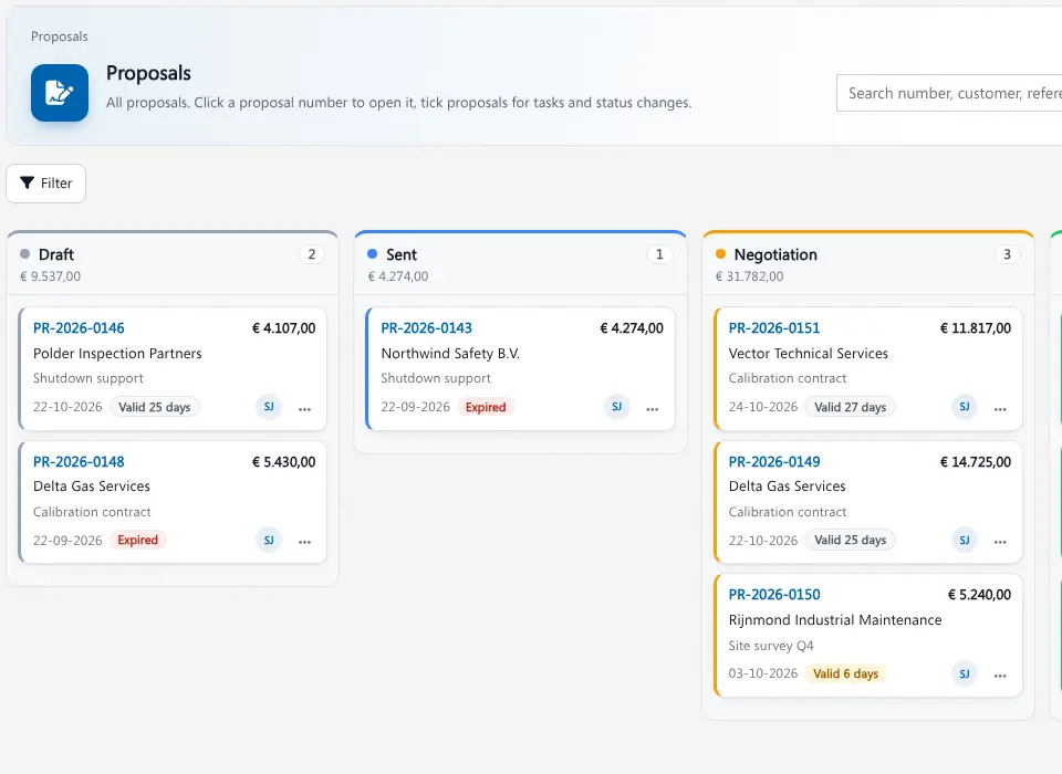 Sales: quote to invoice software Brytend proposal board with draft, sent and negotiation columns, quote values and validity days