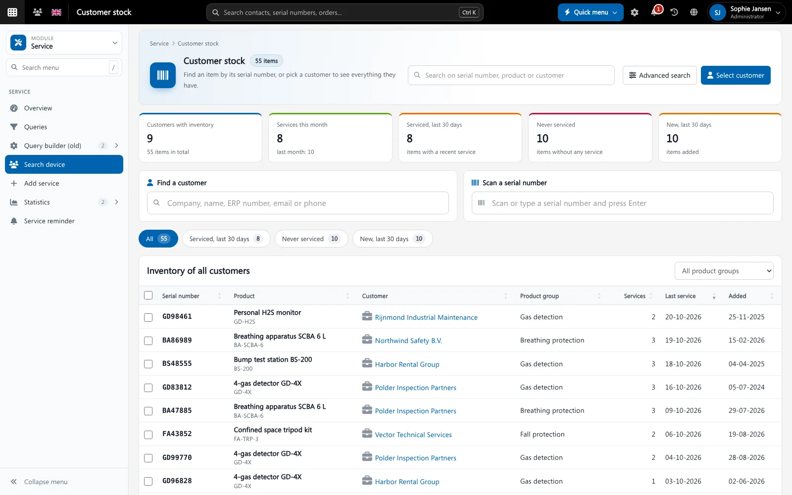 Sales: quote to invoice software Brytend service overview with devices, work orders and inspections